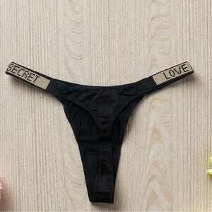 Black Thong with Logo Waistband